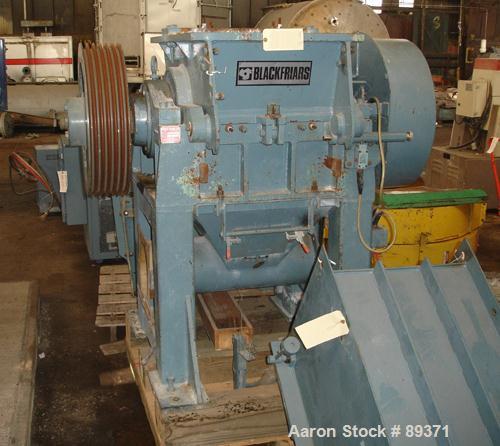 USED: Blackfriars rubber bale granulator, model 525BG/6. 10" x 21" feed opening with hopper, 3 knife open rotor with 3 bed knives. Driven by a 75 hp, 230/460 volt motor.