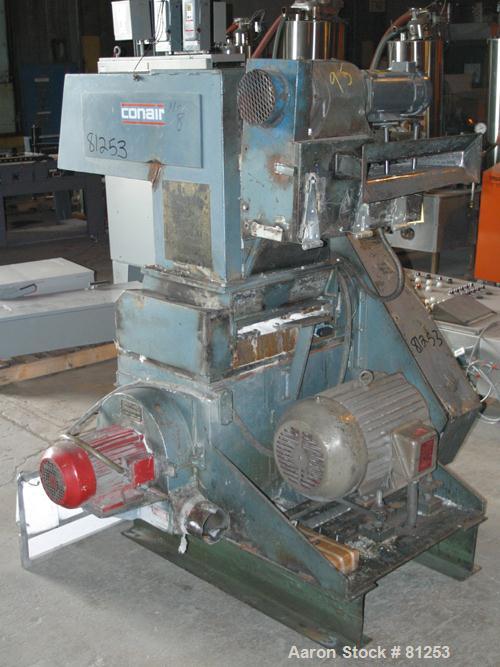USED: Conair Hushgard granulator, model G1420. 3 bolt-on blade openrotor. Pelican feed hopper with 2 metal pull rolls for back sheetfeed, driven by a 3/4 hp DC motor. Unit set up for bottom blowerdis...