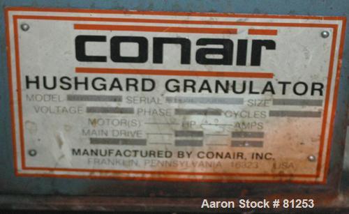 USED: Conair Hushgard granulator, model G1420. 3 bolt-on blade openrotor. Pelican feed hopper with 2 metal pull rolls for back sheetfeed, driven by a 3/4 hp DC motor. Unit set up for bottom blowerdis...