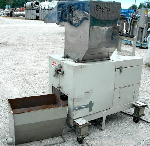 USED: Conair/Wor-Tex granulator, model JC10. 10" diameter x 15" wide. (2) Rows of 6 bolt-on blade closed rotor, 2 bed knives. Pelican style feed. Driven by a 10 hp, 3/60/230/460 volt, 1740 rpm motor....