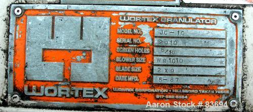 USED: Conair/Wor-Tex granulator, model JC10. 10" diameter x 15" wide. (2) Rows of 6 bolt-on blade closed rotor, 2 bed knives. Pelican style feed. Driven by a 10 hp, 3/60/230/460 volt, 1740 rpm motor....