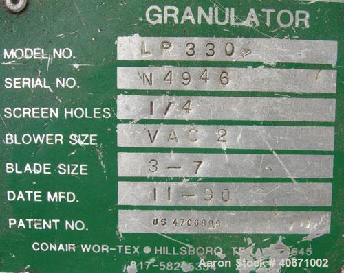 Used Conair/Wortex Granulator, model LP-330. Approximate 6" diameter x 7" long segmented helical type rotor with 3 rows of 5 blades. 7 3/4" x 7 1/4" carbon steel chamber. 12" x 12" top feed opening. ...