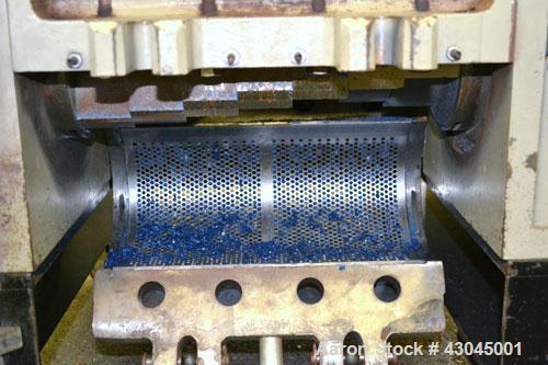 Used Conair Granulator, Model LP-814, Carbon Steel. Involute parabolic segmented helical type rotor with 7 rows of blades. Approximate 13-3/4" x 8" feed with a tilt back hopper. Approximate 1/8’’ dia...