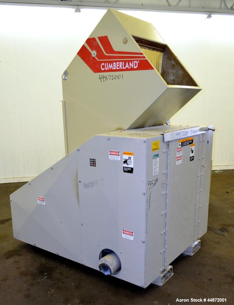 Used Cumberland Granulator, Model 18x24. Approximate 18" X 24" Feed throat with a front and back feed hopper, 20" diameter cutting circle with 3 bolt on blades, open rotor, set up for blower bottom d...