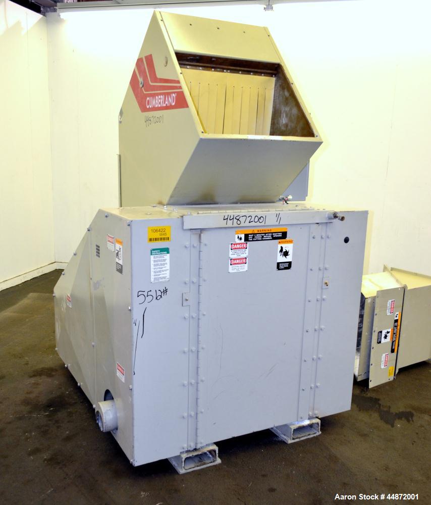 Used Cumberland Granulator, Model 18x24. Approximate 18" X 24" Feed throat with a front and back feed hopper, 20" diameter cutting circle with 3 bolt on blades, open rotor, set up for blower bottom d...