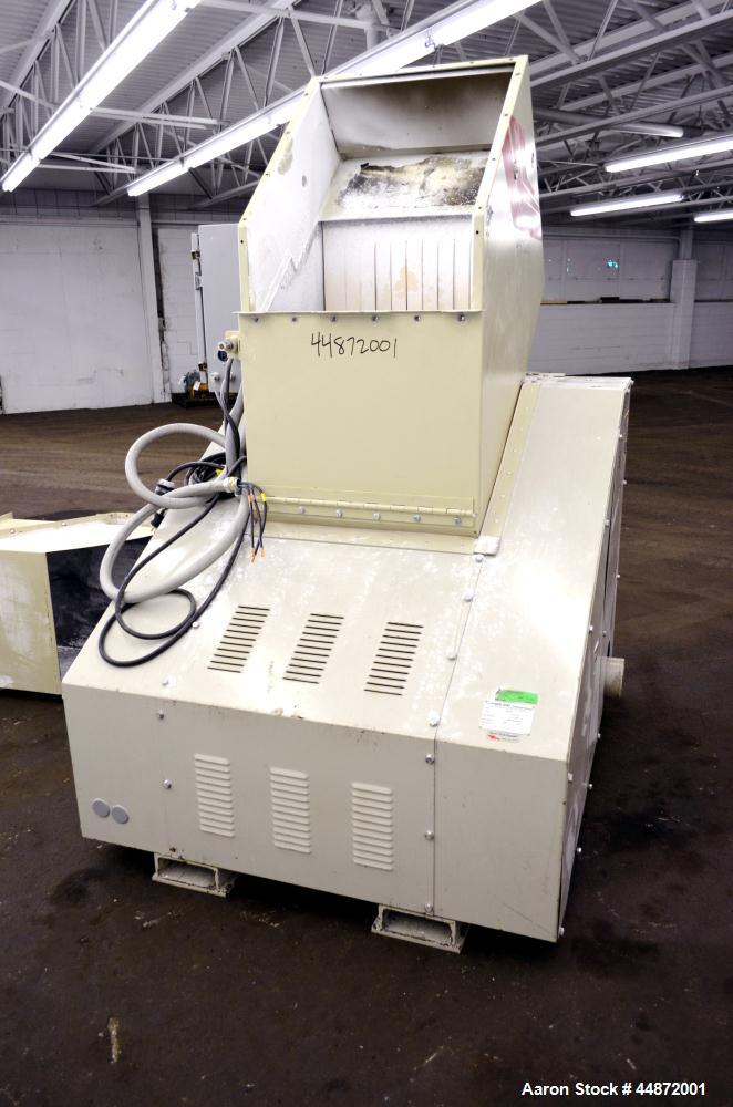 Used Cumberland Granulator, Model 18x24. Approximate 18" X 24" Feed throat with a front and back feed hopper, 20" diameter cutting circle with 3 bolt on blades, open rotor, set up for blower bottom d...