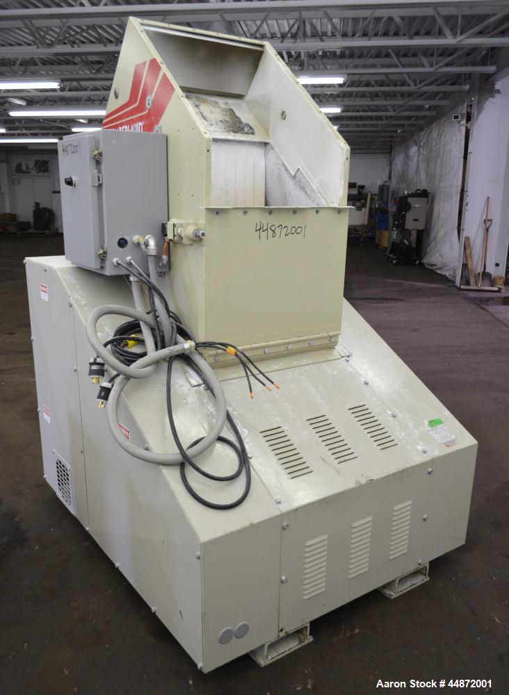 Used Cumberland Granulator, Model 18x24. Approximate 18" X 24" Feed throat with a front and back feed hopper, 20" diameter cutting circle with 3 bolt on blades, open rotor, set up for blower bottom d...
