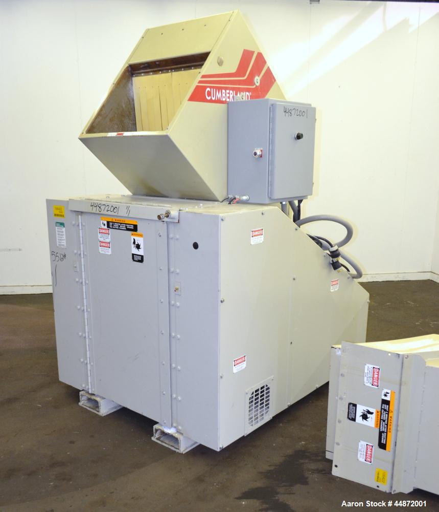 Used Cumberland Granulator, Model 18x24. Approximate 18" X 24" Feed throat with a front and back feed hopper, 20" diameter cutting circle with 3 bolt on blades, open rotor, set up for blower bottom d...