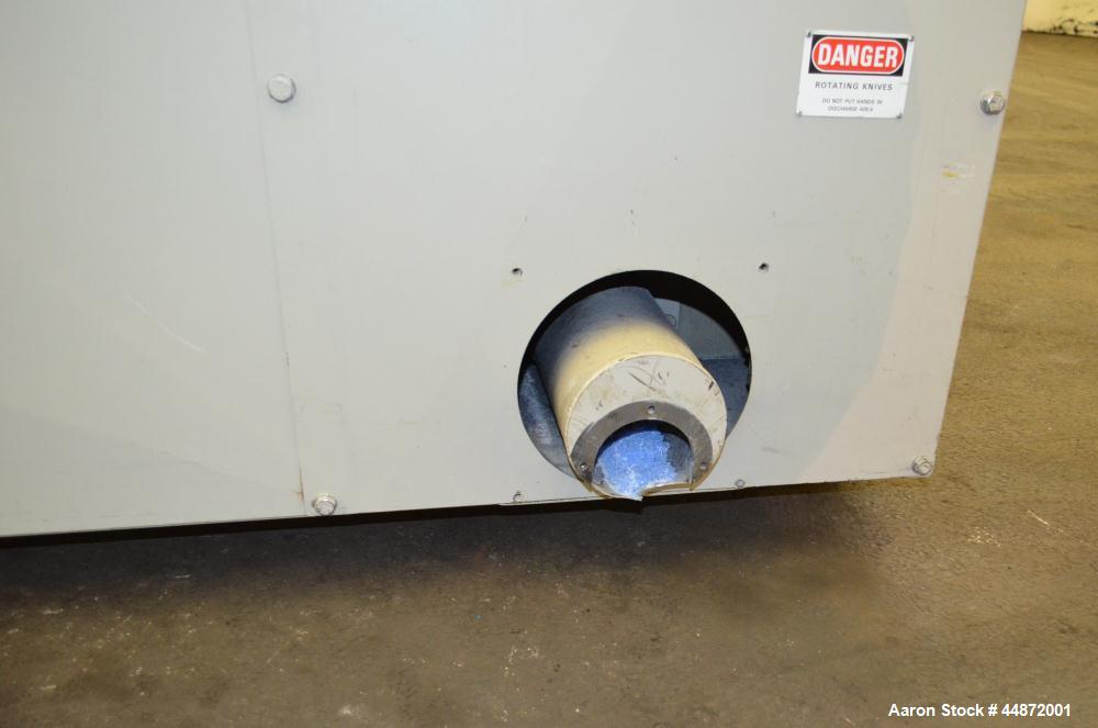 Used Cumberland Granulator, Model 18x24. Approximate 18" X 24" Feed throat with a front and back feed hopper, 20" diameter cutting circle with 3 bolt on blades, open rotor, set up for blower bottom d...