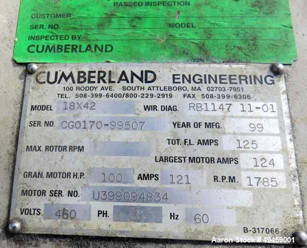 Used Cumberland Granulator, Model 18x42. Throat Size: 18" x 42" (500 x 1070mm), Cutting Circle Diameter: 17 3/4" (450mm), Throughput (Approximate): Up to 1800 lbs./hr. (800 kgs). 3 Knife high shear/T...