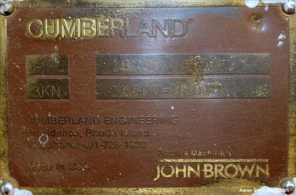 Used Cumberland Granulator, Model 18 X 36-3KN, Carbon steel.