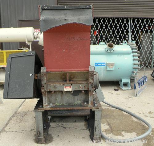 Used Cumberland Granulator, Model 24 GRAN-3KN. 3 bolt on blade, closed rotor. Approximate 18" x 24" feed with hopper, bottom discharge with screen. Driven by a 75 hp, 3/60/230/460 volt, 1785 rpm moto...