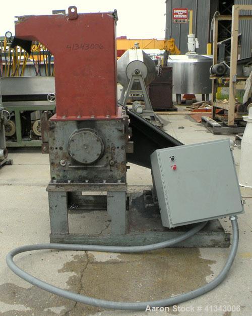 Used Cumberland Granulator, Model 24 GRAN-3KN. 3 bolt on blade, closed rotor. Approximate 18" x 24" feed with hopper, bottom discharge with screen. Driven by a 75 hp, 3/60/230/460 volt, 1785 rpm moto...