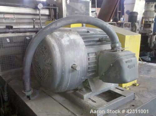 Used Cumberland Granulator, Model 24B. Approximate 14'' x 24'' feed opening with hopper. 3 Knife open rotor, bottom discharge. Driven by a 60 hp, 3/60/230/460 volt motor. Mounted on a base with legs.