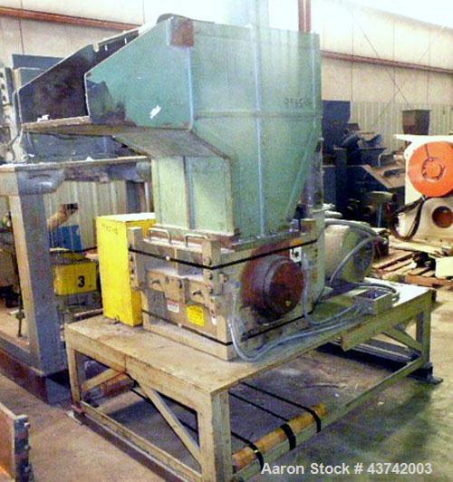 Used Cumberland Granulator, Model 24B. (5) Blade, open rotor.  Driven by a 50 hp motor.  Includes a 10 hp blower, Low-Veyor base with bottom discharge, pelican hopper, and cyclone.