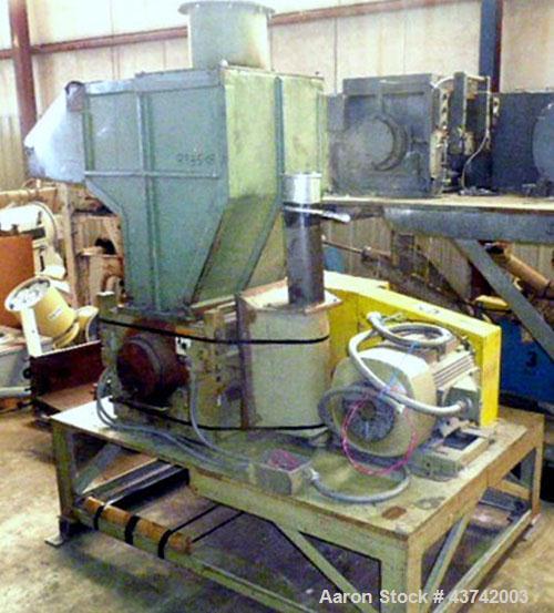 Used Cumberland Granulator, Model 24B. (5) Blade, open rotor.  Driven by a 50 hp motor.  Includes a 10 hp blower, Low-Veyor base with bottom discharge, pelican hopper, and cyclone.