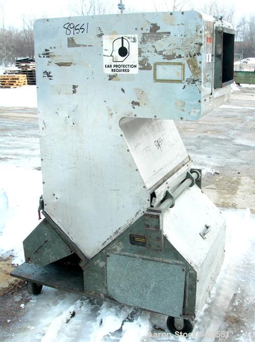 USED: Cumberland granulator, model 285-GRAN-3KN. Approximate 8" diameter x 12" wide 3 bolt-on blade open rotor, bed knives. Tilt back pelican style feed hopper, bottom discharge with drawer. Approxim...