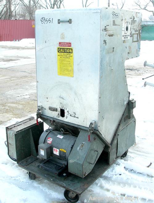 USED: Cumberland granulator, model 285-GRAN-3KN. Approximate 8" diameter x 12" wide 3 bolt-on blade open rotor, bed knives. Tilt back pelican style feed hopper, bottom discharge with drawer. Approxim...