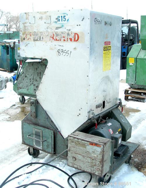 USED: Cumberland granulator, model 285-GRAN-3KN. Approximate 8" diameter x 12" wide 3 bolt-on blade open rotor, bed knives. Tilt back pelican style feed hopper, bottom discharge with drawer. Approxim...