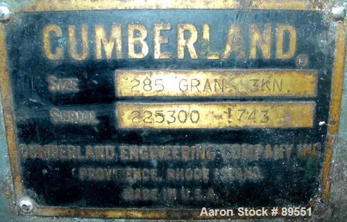 USED: Cumberland granulator, model 285-GRAN-3KN. Approximate 8" diameter x 12" wide 3 bolt-on blade open rotor, bed knives. Tilt back pelican style feed hopper, bottom discharge with drawer. Approxim...