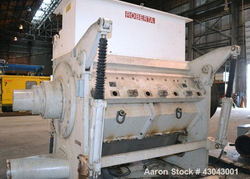Used Cumberland Series 3200 Granulator, Model 3284, Carbon Steel. 32" x 84" Throat size, 36’’ diameter cutting circle, bolt-on blades, open rotor. Hydraulic throat opening with power pack. Top feed h...