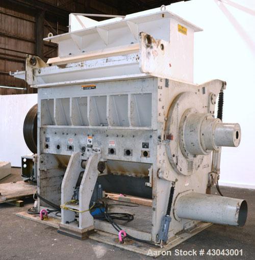 Used Cumberland Series 3200 Granulator, Model 3284, Carbon Steel. 32" x 84" Throat size, 36’’ diameter cutting circle, bolt-on blades, open rotor. Hydraulic throat opening with power pack. Top feed h...