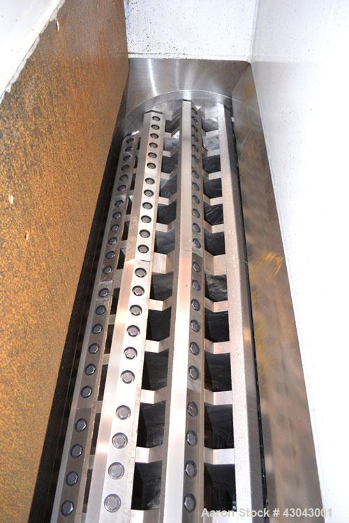 Used Cumberland Series 3200 Granulator, Model 3284, Carbon Steel. 32" x 84" Throat size, 36’’ diameter cutting circle, bolt-on blades, open rotor. Hydraulic throat opening with power pack. Top feed h...