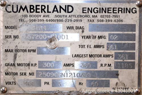 Used Cumberland Series 3200 Granulator, Model 3284, Carbon Steel. 32" x 84" Throat size, 36’’ diameter cutting circle, bolt-on blades, open rotor. Hydraulic throat opening with power pack. Top feed h...
