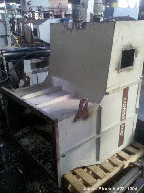 Used Cumberland Granulator, Model 37B. Approximate 21" x 37" feed opening with hopper. 3 Knife open rotor, bottom discharge. Driven by a 150 hp, 3/60/460 volt motor. Mounted on a base with legs.