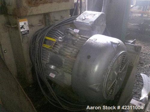 Used Cumberland Granulator, Model 37B. Approximate 21" x 37" feed opening with hopper. 3 Knife open rotor, bottom discharge. Driven by a 150 hp, 3/60/460 volt motor. Mounted on a base with legs.