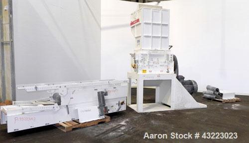 Used Cumberland Granulator, Model 37B. 21-1/4'' x 37-7/16'' Feed opening with hopper. 16’’ Diameter cutting circle, 3 rows of 2 blolt on blades, open rotor, bottom discharge. Driven by a 100hp, 3/60/...