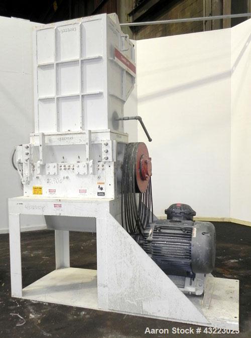 Used Cumberland Granulator, Model 37B. 21-1/4'' x 37-7/16'' Feed opening with hopper. 16’’ Diameter cutting circle, 3 rows of 2 blolt on blades, open rotor, bottom discharge. Driven by a 100hp, 3/60/...
