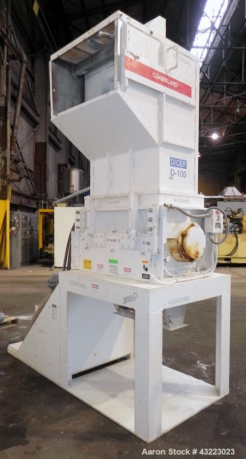 Used Cumberland Granulator, Model 37B. 21-1/4'' x 37-7/16'' Feed opening with hopper. 16’’ Diameter cutting circle, 3 rows of 2 blolt on blades, open rotor, bottom discharge. Driven by a 100hp, 3/60/...
