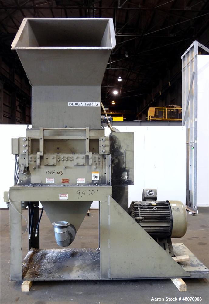Used Cumberland Granulator, Model 37B-3KN. Approximate 21-1/4" x 37-7/16" Feed opening with bolt on hopper. Approximate 16" diameter cutting circle with 3 rows of 2 bolt on blades, open rotor, set up...