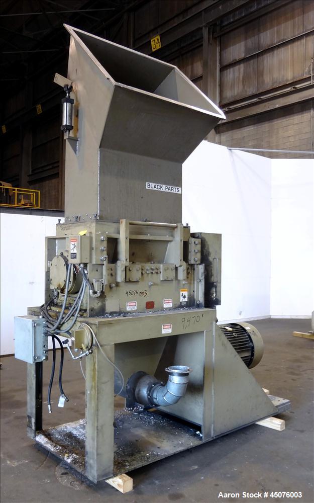 Used Cumberland Granulator, Model 37B-3KN. Approximate 21-1/4" x 37-7/16" Feed opening with bolt on hopper. Approximate 16" diameter cutting circle with 3 rows of 2 bolt on blades, open rotor, set up...