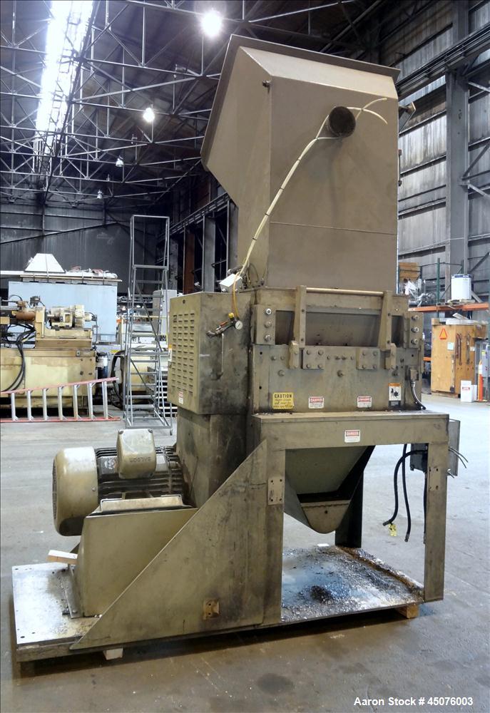 Used Cumberland Granulator, Model 37B-3KN. Approximate 21-1/4" x 37-7/16" Feed opening with bolt on hopper. Approximate 16" diameter cutting circle with 3 rows of 2 bolt on blades, open rotor, set up...