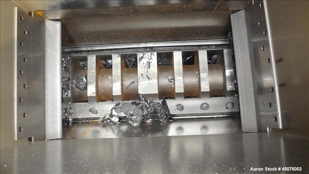 Used Cumberland Granulator, Model 37B-3KN. Approximate 21-1/4" x 37-7/16" Feed opening with bolt on hopper. Approximate 16" diameter cutting circle with 3 rows of 2 bolt on blades, open rotor, set up...