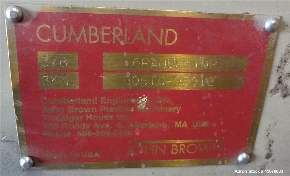 Used Cumberland Granulator, Model 37B-3KN. Approximate 21-1/4" x 37-7/16" Feed opening with bolt on hopper. Approximate 16" diameter cutting circle with 3 rows of 2 bolt on blades, open rotor, set up...