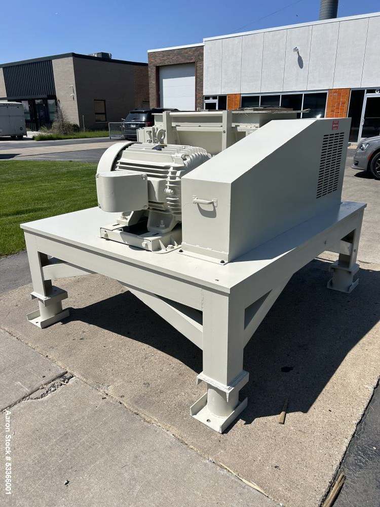 Used Cumberland Model 1837B granulator. 18" x 37" feed throat. 3 knife high shear rotor with two bed knives. Belt driven rotor by a 100 HP,  3/60/230/460 volt, 1775 RPM motor. Tray in-feed hopper. 84...