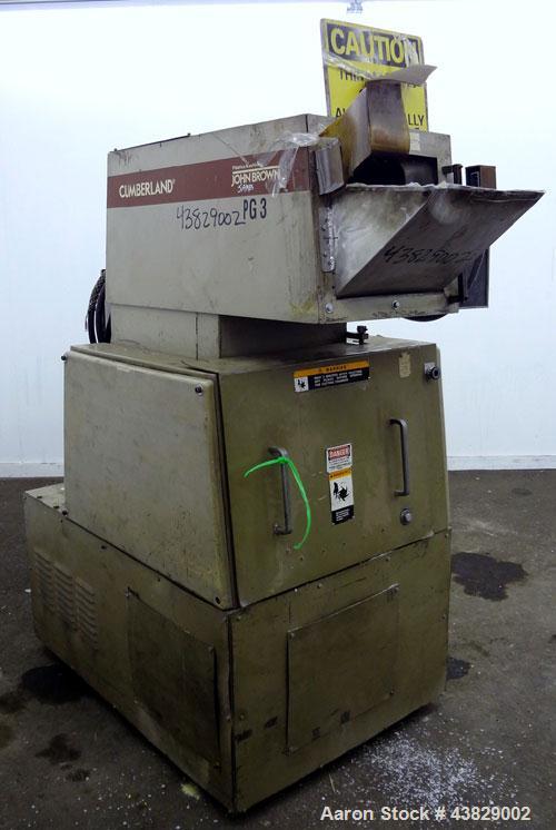 Used Cumberland Granulator, Model 484-3KN. Approximately 16” x 14” feed opening with tilt back pelican hopper. 3 Bolt-on blade open rotor, set up for blower bottom discharge. Driven by a 15 hp, 3/60/...