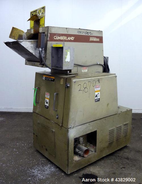 Used Cumberland Granulator, Model 484-3KN. Approximately 16” x 14” feed opening with tilt back pelican hopper. 3 Bolt-on blade open rotor, set up for blower bottom discharge. Driven by a 15 hp, 3/60/...