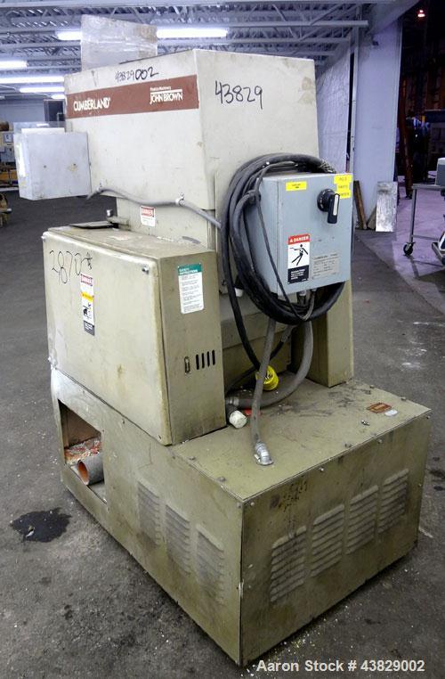 Used Cumberland Granulator, Model 484-3KN. Approximately 16” x 14” feed opening with tilt back pelican hopper. 3 Bolt-on blade open rotor, set up for blower bottom discharge. Driven by a 15 hp, 3/60/...