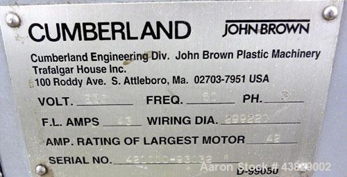 Used Cumberland Granulator, Model 484-3KN. Approximately 16” x 14” feed opening with tilt back pelican hopper. 3 Bolt-on blade open rotor, set up for blower bottom discharge. Driven by a 15 hp, 3/60/...