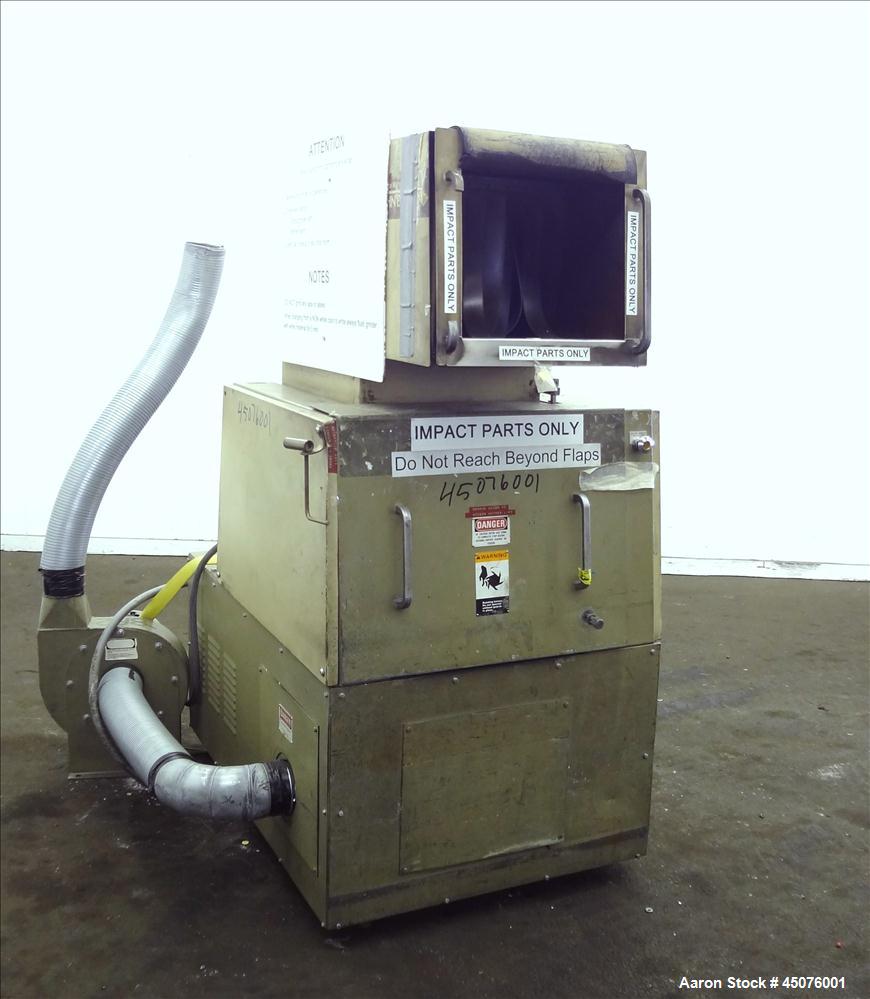 Used Cumberland Granulator, Model 484-3KN. Approximate 16" x 14" feed opening with tilt back pelican hopper. 3 Bolt on blade open rotor, set up for blower bottom discharge. Driven by a 15hp, 3/60/208...