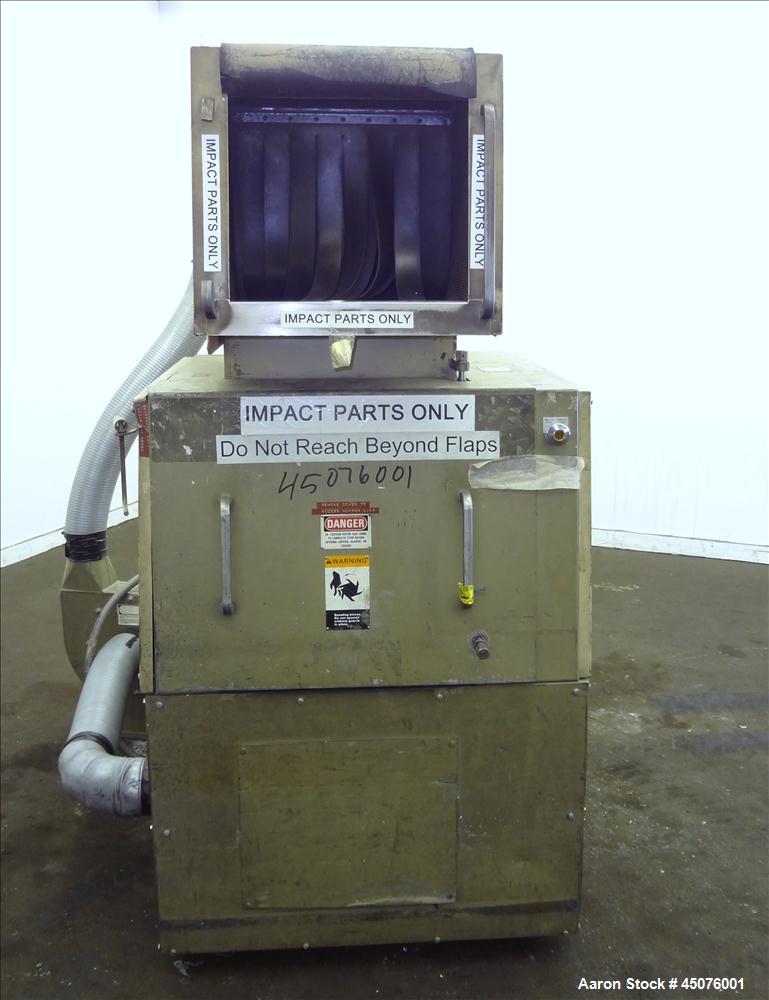 Used Cumberland Granulator, Model 484-3KN. Approximate 16" x 14" feed opening with tilt back pelican hopper. 3 Bolt on blade open rotor, set up for blower bottom discharge. Driven by a 15hp, 3/60/208...