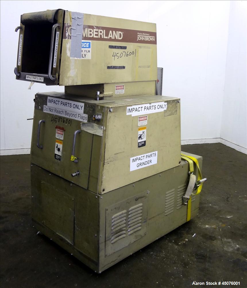 Used Cumberland Granulator, Model 484-3KN. Approximate 16" x 14" feed opening with tilt back pelican hopper. 3 Bolt on blade open rotor, set up for blower bottom discharge. Driven by a 15hp, 3/60/208...