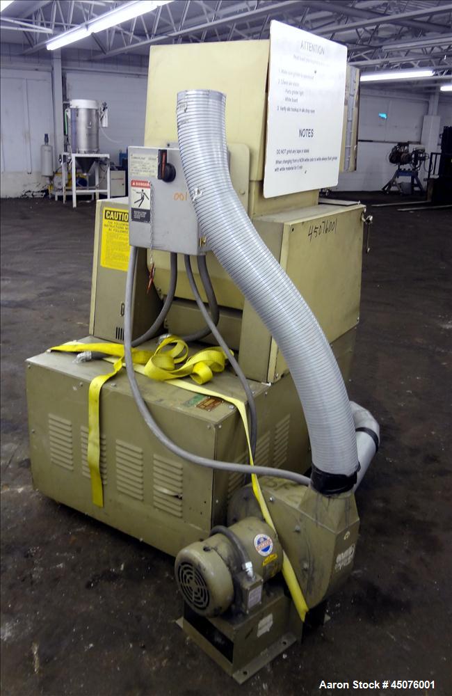 Used Cumberland Granulator, Model 484-3KN. Approximate 16" x 14" feed opening with tilt back pelican hopper. 3 Bolt on blade open rotor, set up for blower bottom discharge. Driven by a 15hp, 3/60/208...