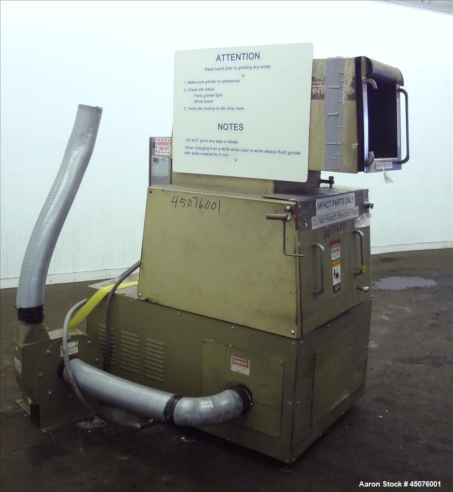 Used Cumberland Granulator, Model 484-3KN. Approximate 16" x 14" feed opening with tilt back pelican hopper. 3 Bolt on blade open rotor, set up for blower bottom discharge. Driven by a 15hp, 3/60/208...
