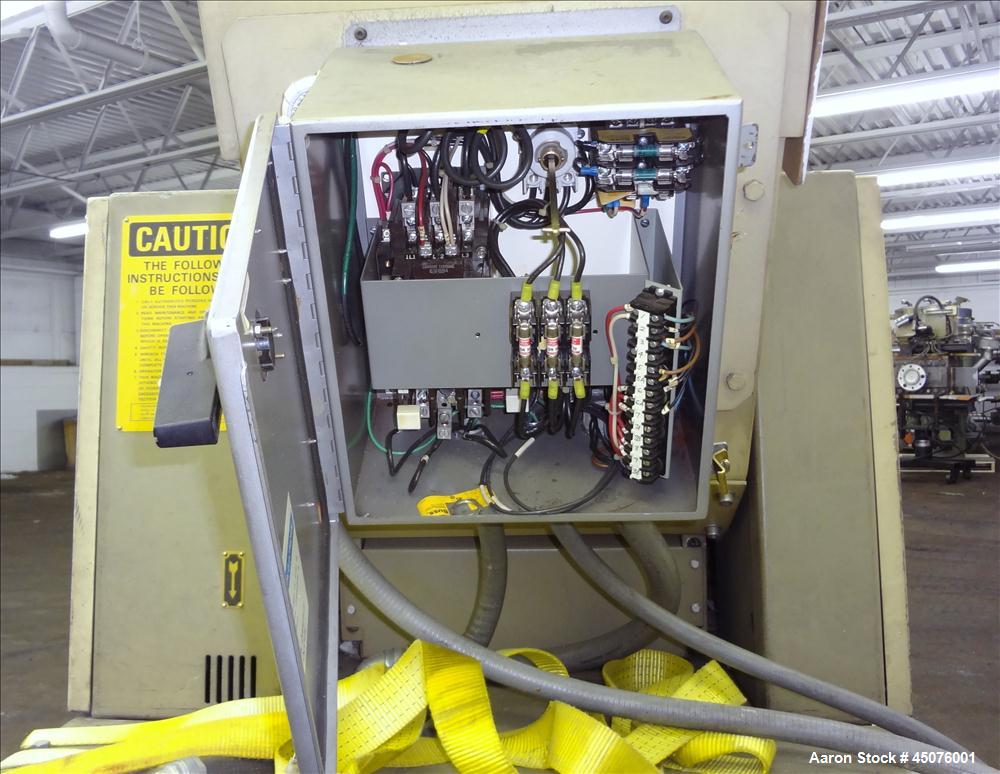 Used Cumberland Granulator, Model 484-3KN. Approximate 16" x 14" feed opening with tilt back pelican hopper. 3 Bolt on blade open rotor, set up for blower bottom discharge. Driven by a 15hp, 3/60/208...