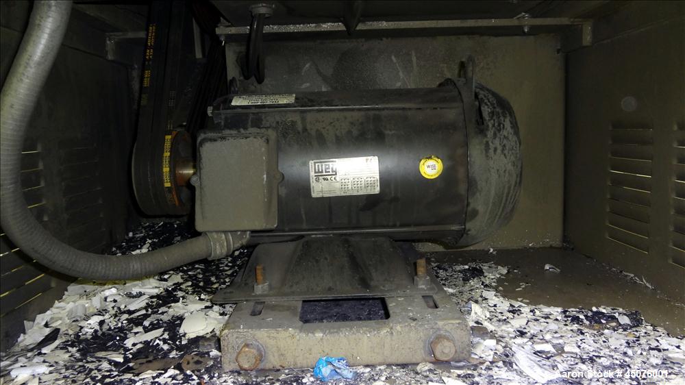 Used Cumberland Granulator, Model 484-3KN. Approximate 16" x 14" feed opening with tilt back pelican hopper. 3 Bolt on blade open rotor, set up for blower bottom discharge. Driven by a 15hp, 3/60/208...